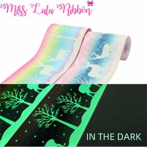 3"75mm White Ink Printing Glow in the Dark Cartoon Tree Rainbow Color Printed Grosgrain Ribbon DIY Christmas 50yards/roll