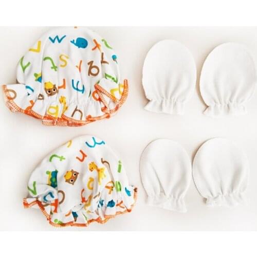 4 pce New Born Unisex Baby Hats+Gloves Cotton Baby Accessories Newborn Fitted Baby Boys Girls Sets Cute Headwear Nightcap Sleep