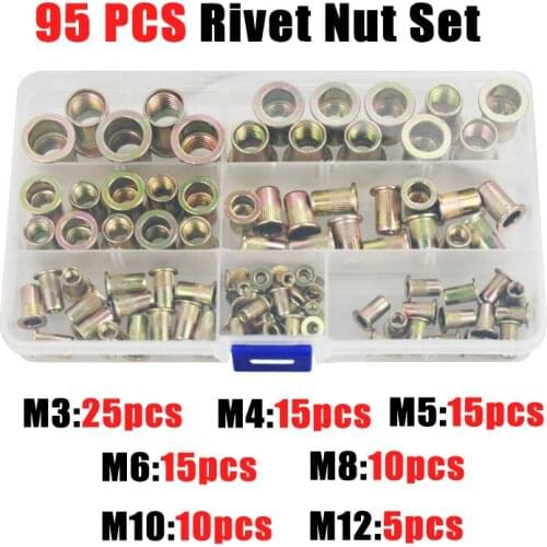 95pcs Carbon steel Rivet Nuts M3 M4 M5 M6 M8 M10 M12 Zinc Plated Knurled Nuts Flat Head Threaded Rivet Insert Nutsert Cap Rivet
