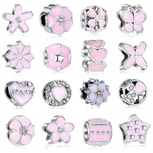 AODUOLA 50PCS Fashion NEW Alloy metal Enamel Pink Big Hole Beads fit European Charm bracelet DIY Jewelry For Women