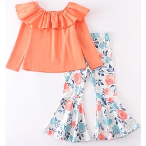 Girlymax Fall/Winter 2 Colors Baby Girls Top Ruffles Bell-bottoms Coral Olive Floral Boutique Outfits Pants Set Kids Clothing
