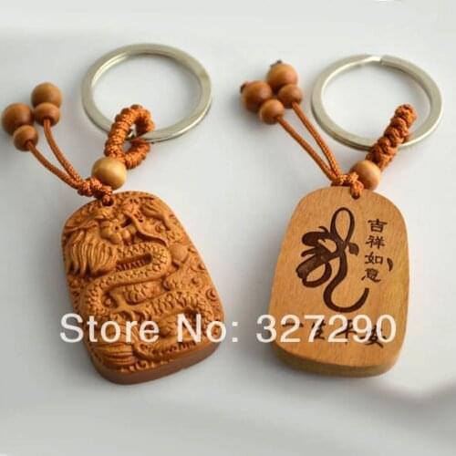 Chinese Dragon Wood Carved Craft Key Chain Wooden Crafts Emperor of China Mascot Chinese Character Dragon Carved 10pc/lot