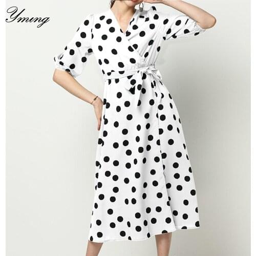 YMING Elegant Women Dress Boho Wave Poin Printed Party Long Dress White Beach Dresses Half Sleeve Autumn Vestidos Female Dresses