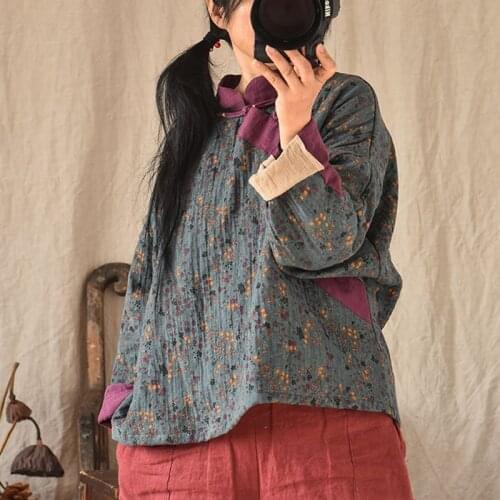 Johnature Women Cotton Linen Shirts And Tops Print Floral Tops Vintage Spring Stand Blouses Button 2021 New Loose Female Shirts