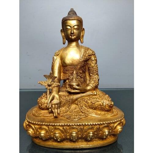 9"Chinese Folk Collection Old Bronze Gilt Medicine Buddha Sakyamuni Sitting Buddha Ornaments Town House Exorcism