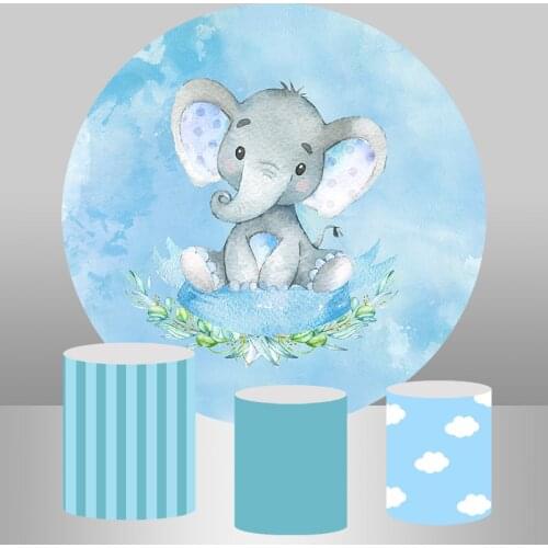 Baby Shower Elephant Round Backdrop Cylinder Cover Elastic Boy 1st Birthday Party Decor Background Candy Table Banner Poster