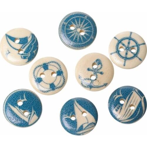 New 50PCs 2 Holes Mixed Blue Print Sea Anchor Wood Craft Sewing Wooden Buttons Blue Wooden Buttons Hand-painted Buttons Hot Sale