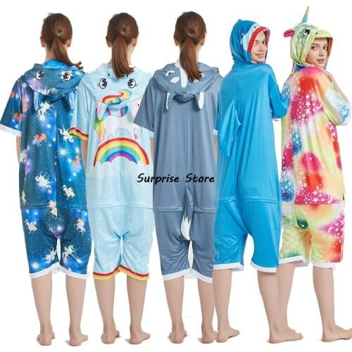 Short Sleeve Summer Woman Kigurumi Unicorn Pajamas One Piece Shark Pajamas Sleepwear Jumpsuit Adult Onesie