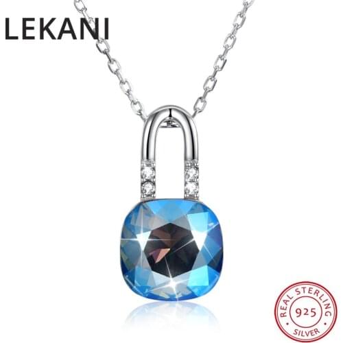 LEKANI Square Crystals From Swarovski Pendants Necklaces Fashion Lock Chain Collares For Women Real 925 Sterling Silver Jewelry