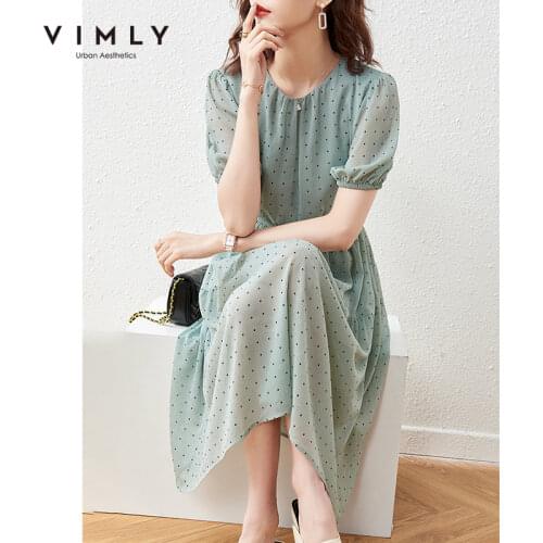 VIMLY Summer Maxi Dresses For Women Puff Sleeve Dot Vintage Dress Elegant Elastic Waist Casual Dress Female Vestidos F7106