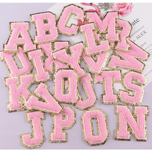 Prajna 1PC Pink Letter Patches English Alphabet Iron On Clothing Chenille Sequins 3D Embroidery Patches Applique Sew Accessories