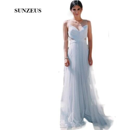Light Grey Tulle Bridesmaid Dresses Sweetheart Spaghetti Straps Pleats Simple Wedding Guest Dresses See Though Waist SBD117