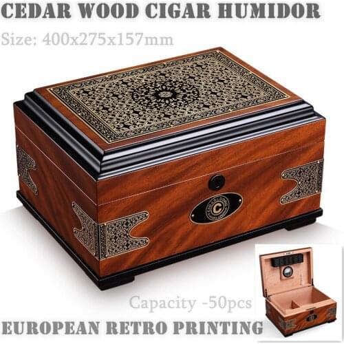 295x158x220mm Cigar Humidor Large-capacity 50 Cedar Wood Cigar Moisturizing Case European Retro Printing Cigar Box Quality Gift