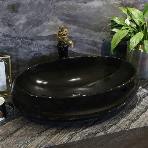 Bathroom Cloakroom Europe Vintage Style Art wash basin Ceramic Counter Top black oval ceramic Wash Basin Bathroom Sinks