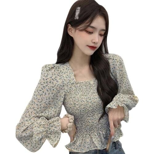 Summer New Sweet Floral Chiffon T-shirt Square Collar Blouses Ruffle Trim Short Womens Long Sleeve Tops