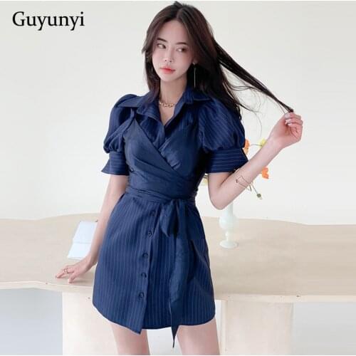 Dark Blue Striped Shirt Dress 2021 Summer Turn-down Collar Puff Sleeve High Waist Straps Temperament Elegant Office Lady Dress