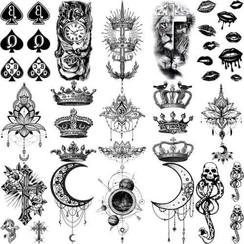 3D Black Lotus Henna Crown Temporary Tattoos For Women Adult Cross Moon Universe Snake Lion Fake Tattoo Hands Arm Tatoo Sticker