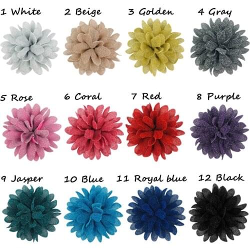 50 Pcs/Lot, 4 inch New Fashion Artificial Metallic Fabric Chiffon Glitter Hair Flowers on Clip For Wedding Boutique Accessories