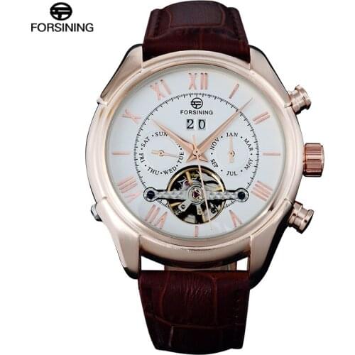 FORSINING Men Watches 2017 Luxury Brand Date Week Month Display Auto Mechanical Rose Gold Roman Numerals Display Wristwatches
