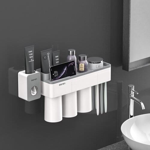 Toothbrush Holder Bathroom Accessories Toothpaste Squeezer Dispenser Storage Shelf Set For Bathroom Magnetic Adsorption With Cup