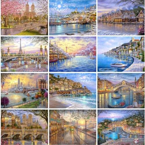 EverShine Diamond Mosaic Seaside Scenery Diamond Painting Bridge Landscape Cross Stitch Art Picture Rhinestones Handicraft Gift