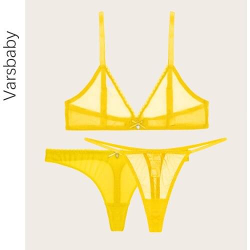 Varsbaby 3pcs sexy lace see through underwear set wire free comfortable bra set 1 bra+2 sexy thong bra set