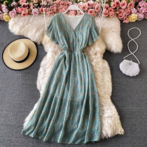 Maxi Dresses for Women V Neck Butterfly Sleeved Chiffon Summer High Waisted Y2k Dress Vintage Clothing Women Vestido De Mujer
