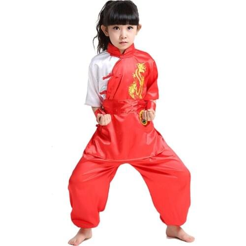 Lovely Kids Short Sleeve Embroider Suit Chinese Style Boys&Girls Kung Fu Sets Jacket+Pants WuShu Dramaturgic Costume 0127