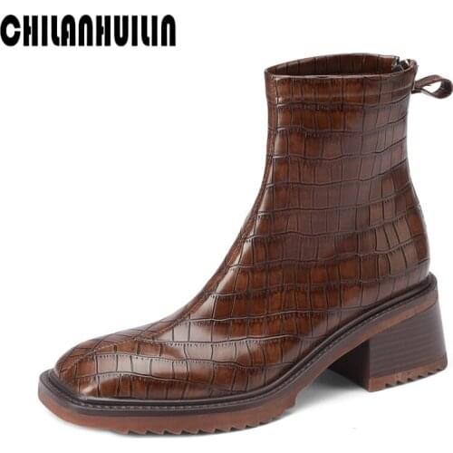 Fashion print leather ankle boots for women cozy square toe high heels booties zipper party wedding dress pumps bottes botas