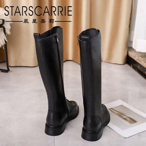 Top layer cowhide trendy knight boots women winter round toe waterproof platform thick heel high barrel black leather boots