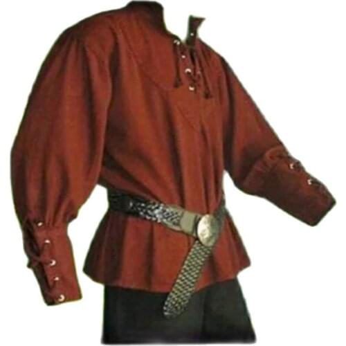Men Medieval Renaissance Grooms Pirate Reenactment Larp Costume Lacing Up Shirt Bandage Top Middle Age Clothing For Adult 3XL