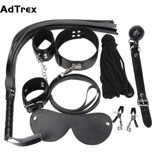 7pcs Set Erotic Toys for Adults BDSM Sex Bondage Set Handcuffs Whip Blindfold Gag Ball Vibrator Sex Toys for Couples