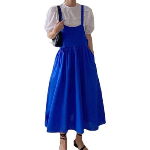 New Arrivals Womens Summer Suit 2021 Korean Chic Loose Puff Sleeve Shirt + Back Bow Big Put On Female Two-Piece Strap Dresses