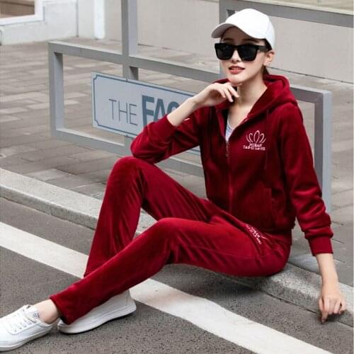 New fashion sports suit female letter flower embroidery spring and autumn gold velvet long-sleeved trousers suit