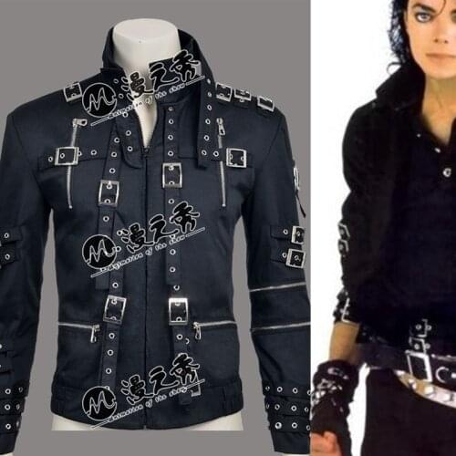 Rare MJ Michael Jackson Punk Rock Style BAD Tour Black Cotton & Leather Rivet Slim Zipper Jacket Outwear