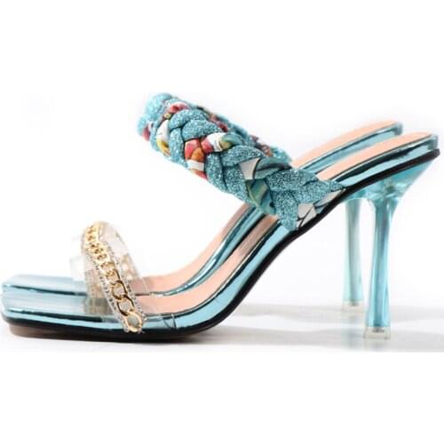 Women Shoes Summer New Fashion Open Toe Modern Roma Ladies Sandals Heels Electroplated Metal Chain Square Toe Stiletto hy180