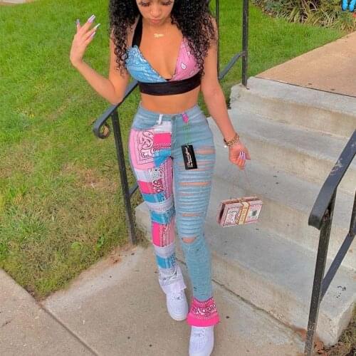 TNNAOFF Sexy Hole Patchwork Bandana Print Bodycon Jeans for Women 2021 Fashion Elastic Mid Waist Straight Leg Pants Streetwear
