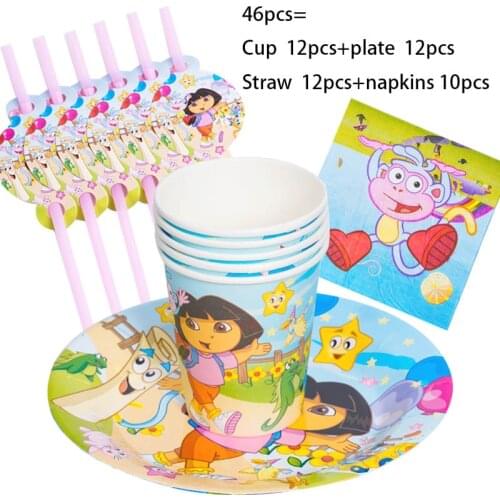 46pcs Dora theme Birthday Party Decoration Party Disposable Tableware Napkin Plate cup girl Party Supplies Baby Shower Decor