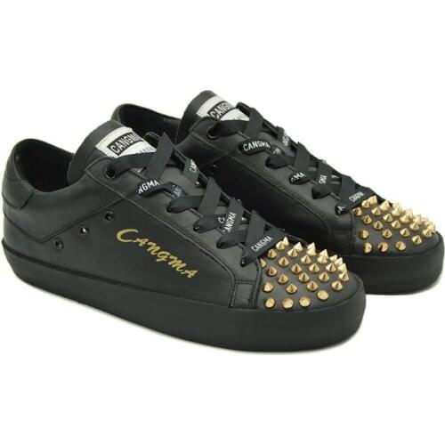 CANGMA Luxury Brand Designer Sneakers Womens Rivets Lace Up Casual Footwear Black Flats Handmade Shoes Female Sneaker 2121