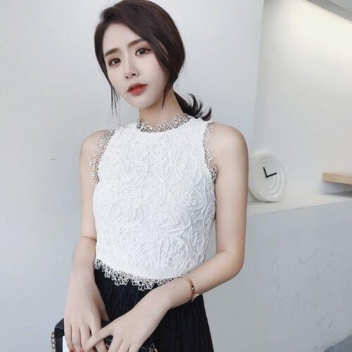 2020 Women Summer Lace Tank Top Sexy Sleeveless Crop Tops Black White Female Clothing Blusas Fashion Halter Top Tees Feminino