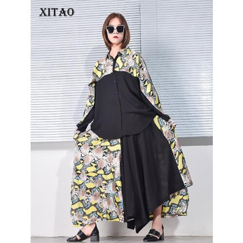 XITAO Print Patchwork Casual Womens Sets Tide Fashion Korean Style Turn Down Collar Long Batwing Sleeve Elastic Waist ZY4486
