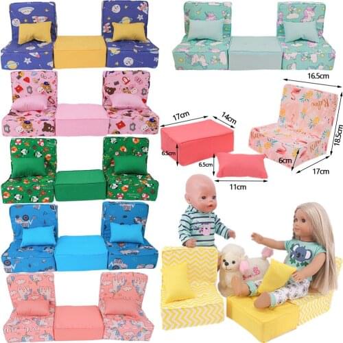 5Pcs/Lot=3 Sofa + 2 Pillows Cute Flamingo/Unicorn Print For 18 Inch American Doll 43 Cm Baby New Born Doll Accessories,Toys Gift