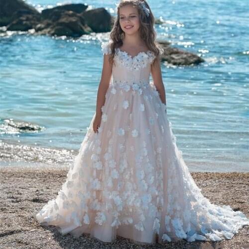Champagne Ivory Flower Girl Dresses 3 D Lace Applique Floral Flower Girl Dresses Pageant Dresses First Communion Dresses