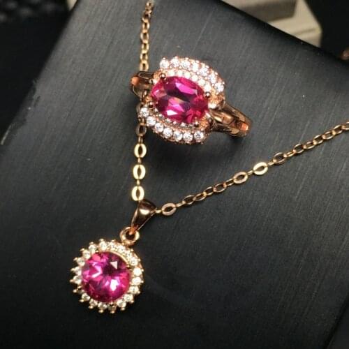 KJJEAXCMY boutique jewels 925 sterling silver with natural pink topaz pendant + necklace + ring set chrysanthemum