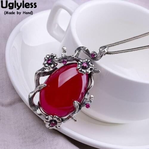Uglyless Ethnic Thai Silver Little Flowers Necklaces Women 925 Silver Floral Pendants NO Chains Water Drop Corundum Bijoux P937