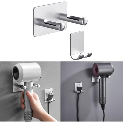 Hair Dryer Storage Holder Bathroom Wall Mount Plug Hook Aluminum Adhesive Sticker Bracket Holder Bathroom Organizer