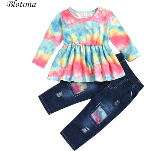 Blotona Kids Toddler Girls 2Pcs Clothes Sets, Long Sleeve Round Neck Tie-dye Shirts Dress+ Patchwork Ripped Denim Pants 1-6Y