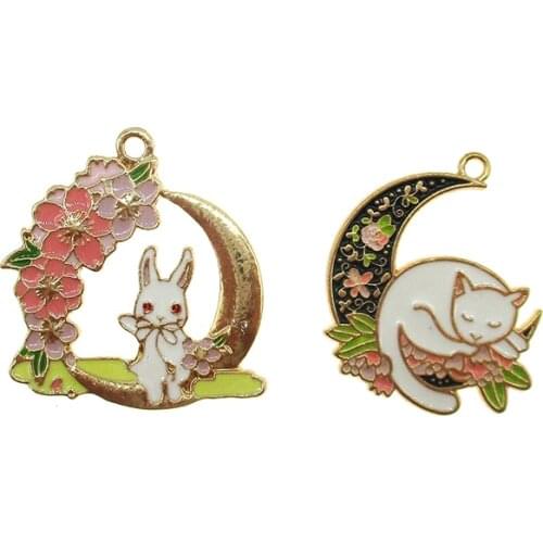 5pcs enamel Moon cat rabbit charm for jewelry making earring pendant fashion charm bracelet charm animal pendants XL677