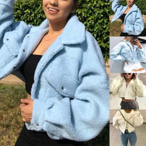 Hot Women Winter Warm Fluffy Faux Lamb Wool Lapel Parka Jacket Outwear Overcoat
