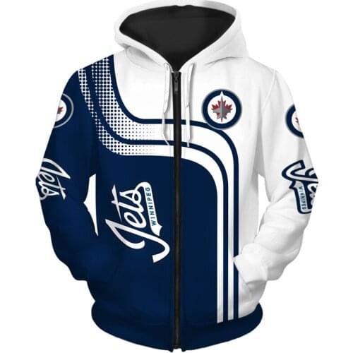 Winnipeg mens Fashion Long Sleeve 3D Jets Zip Hoodies Blue White Stitching Curve Spot Bomber Printing Sweatshirt
